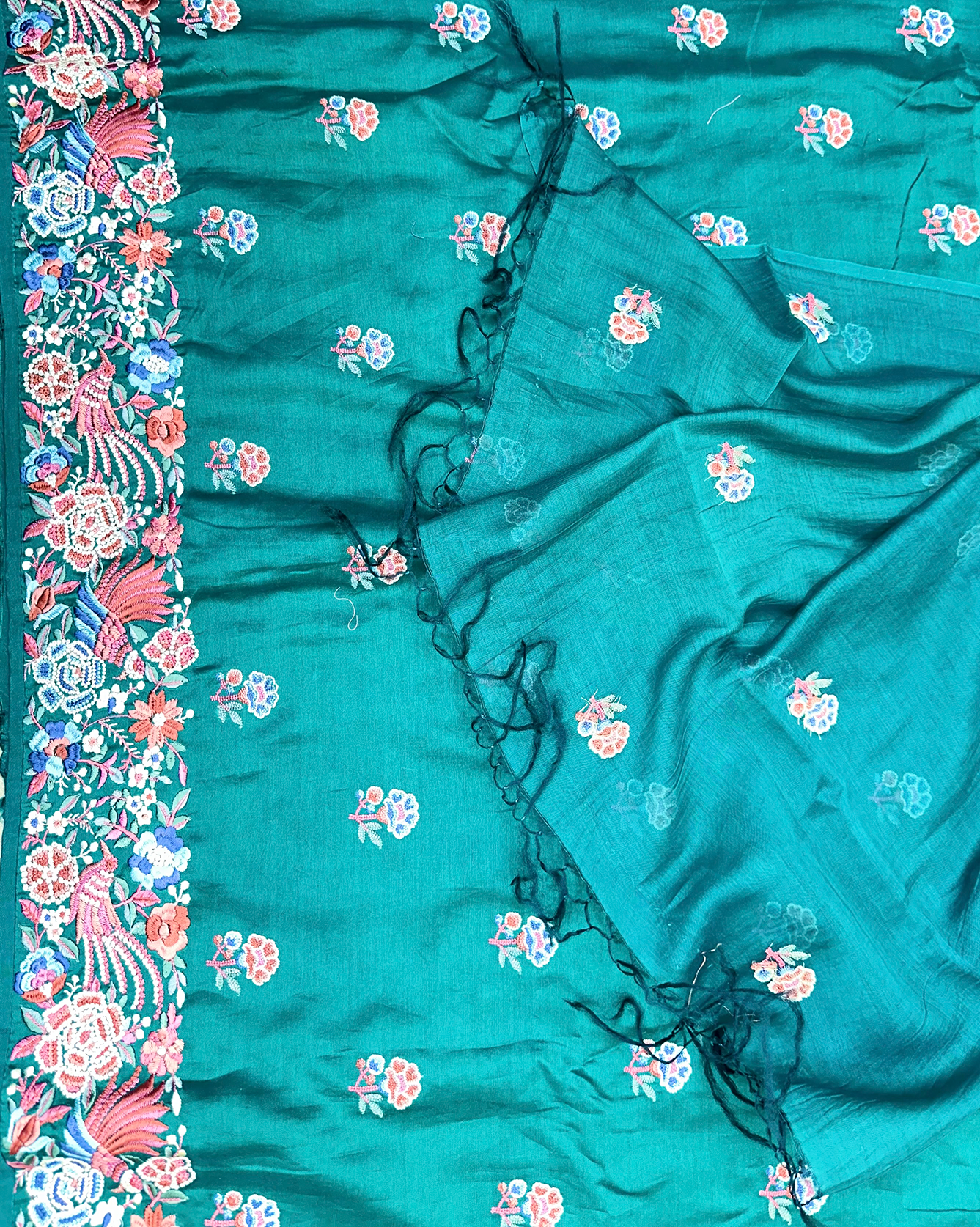 Green Maheshwari Silk Parsi Gara Embroidered and Featuring Intricate Floral and Bird Motifs Unstitched Suit