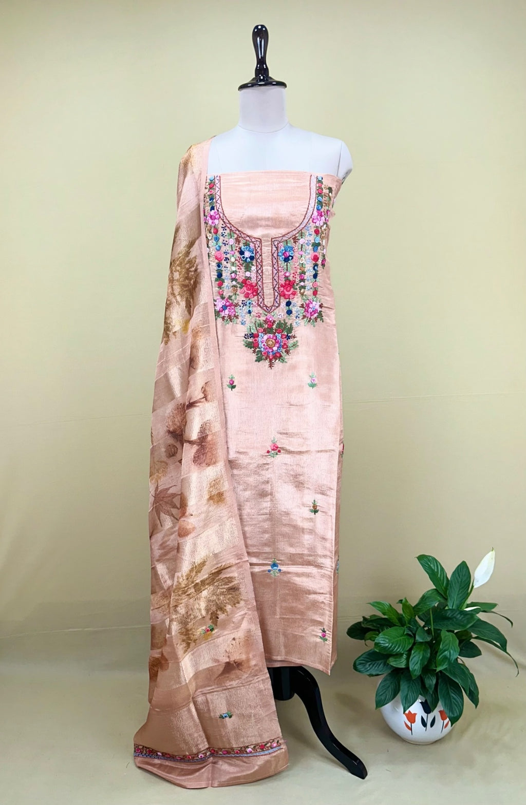 Peach Crush Tissue Multi Colour Floral Hand Embroidery Work Unstitched Suit - Kalamusk