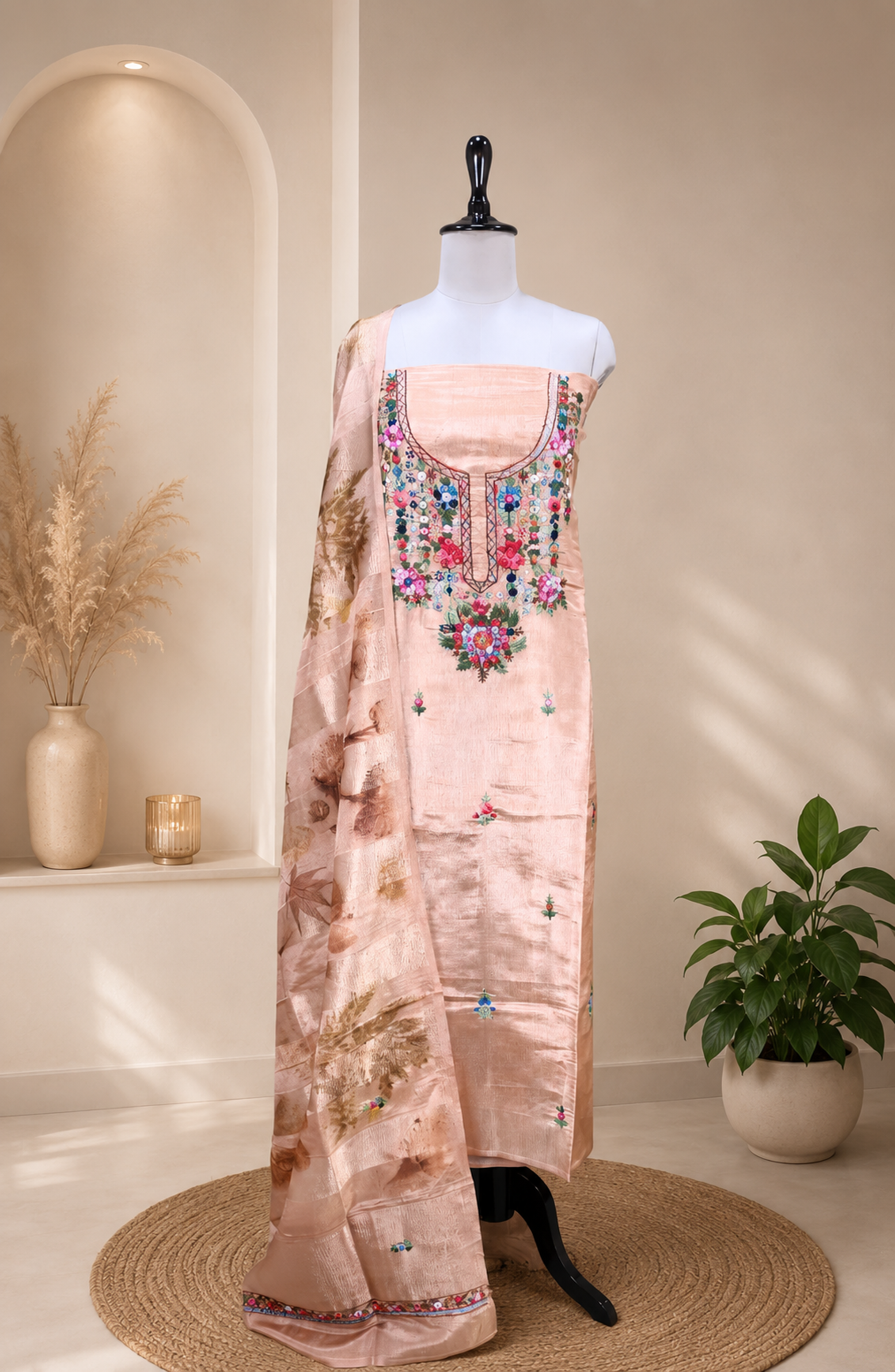 Peach Crush Tissue Multi Colour Floral Hand Embroidery Work Unstitched Suit