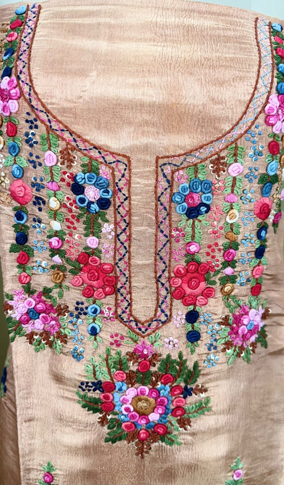 Peach Crush Tissue Multi Colour Floral Hand Embroidery Work Unstitched Suit - Kalamusk