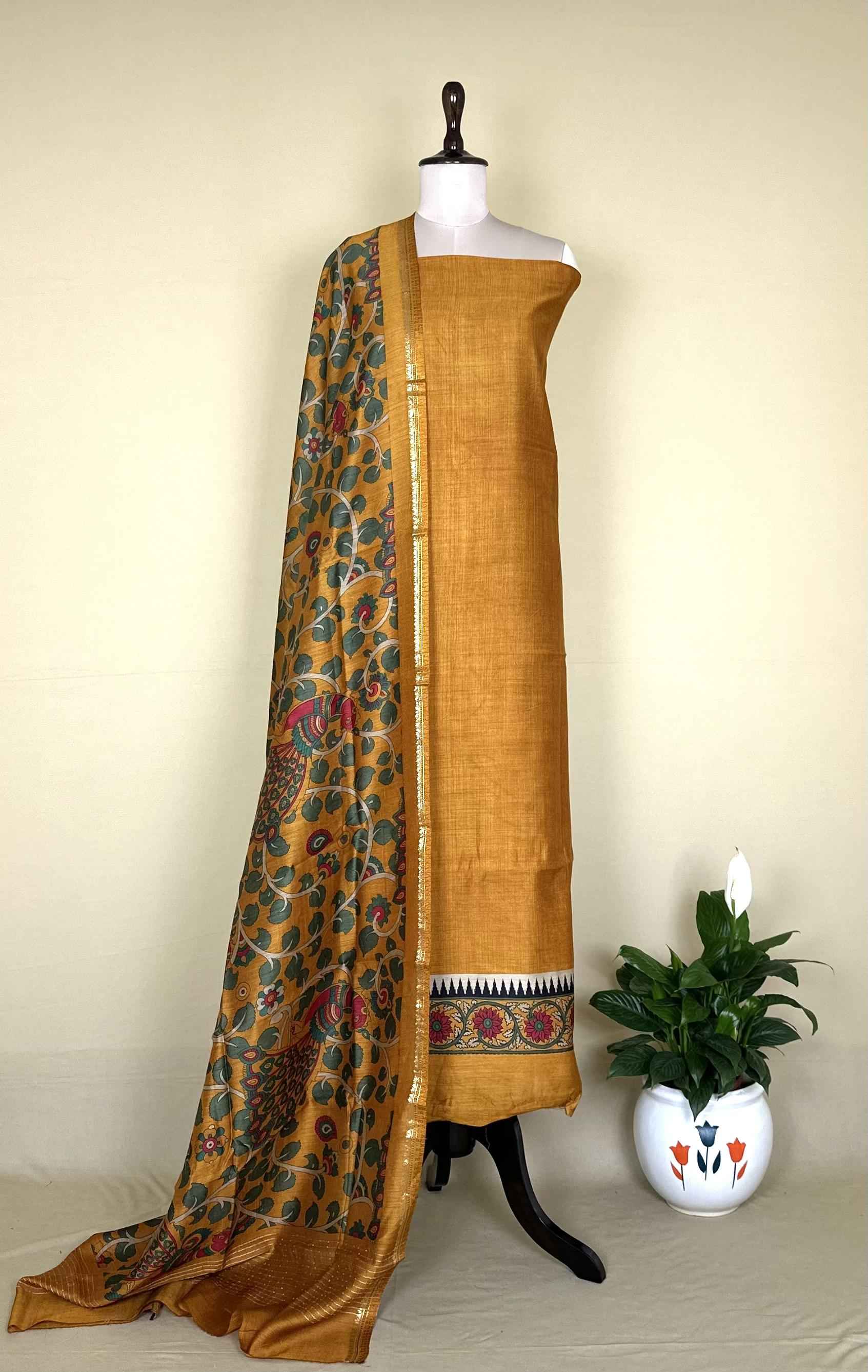 Mustard Tussar Silk Kalamkari Hand Block Print Unstitched Suit