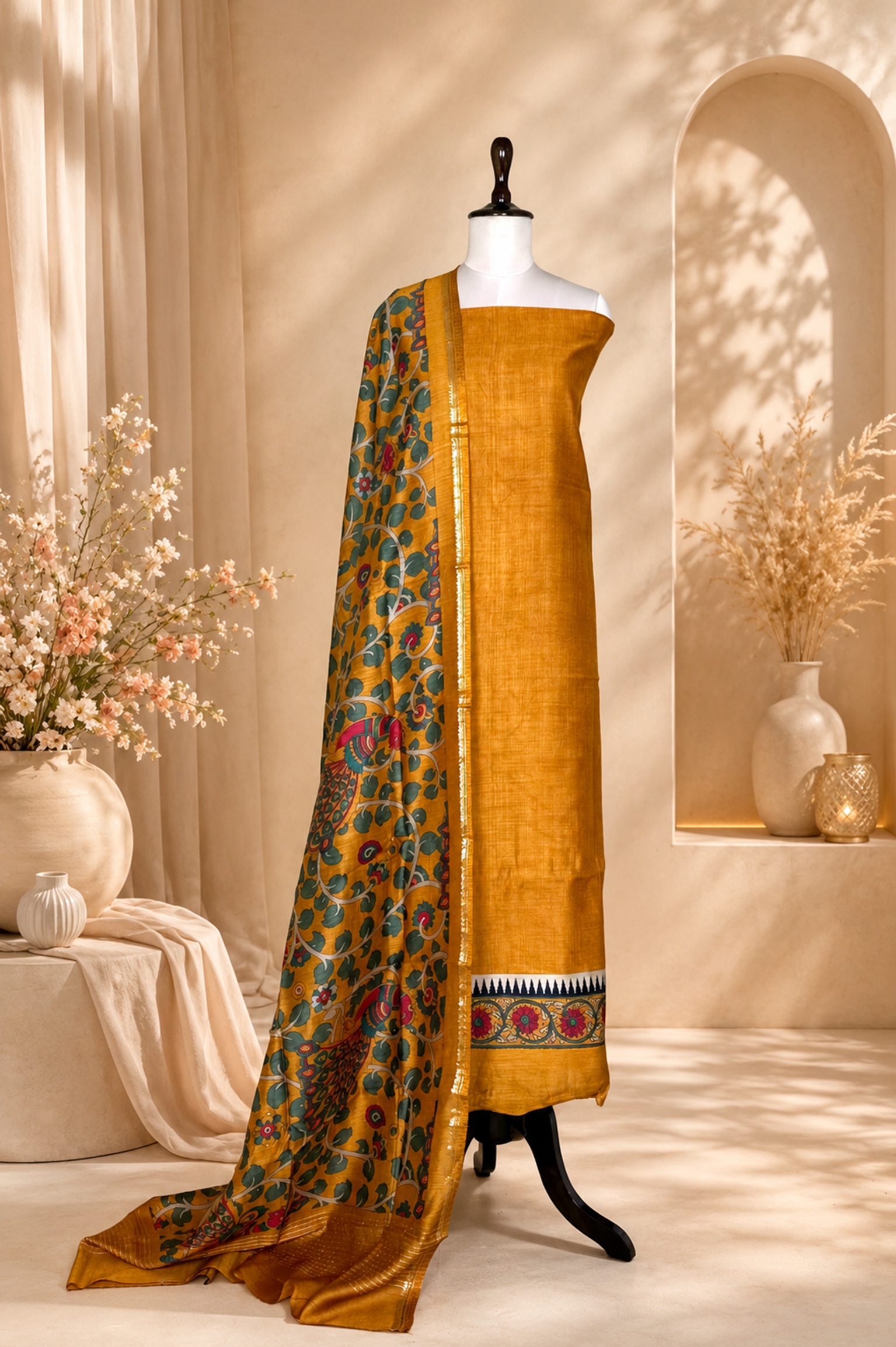 Mustard Tussar Silk Kalamkari Hand Block Print Unstitched Suit
