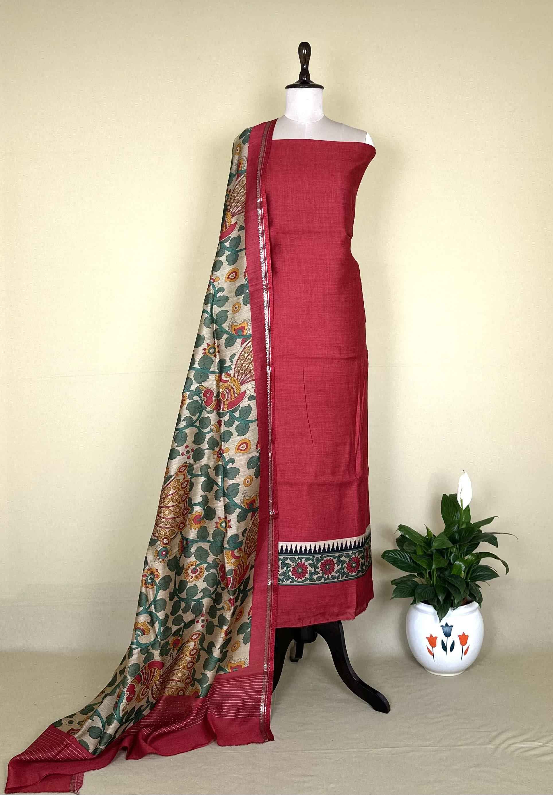 Red Tussar Silk Kalamkari Hand Block Print Unstitched Suit