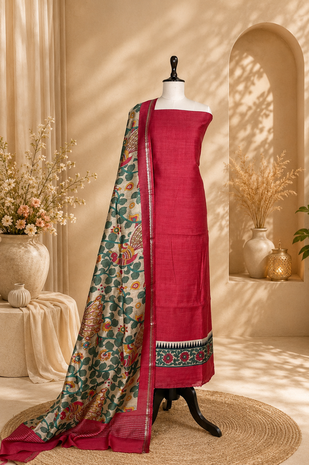 Red Tussar Silk Kalamkari Hand Block Print Unstitched Suit