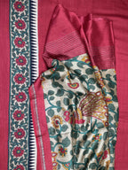 Red Tussar Silk Kalamkari Hand Block Print Unstitched Suit