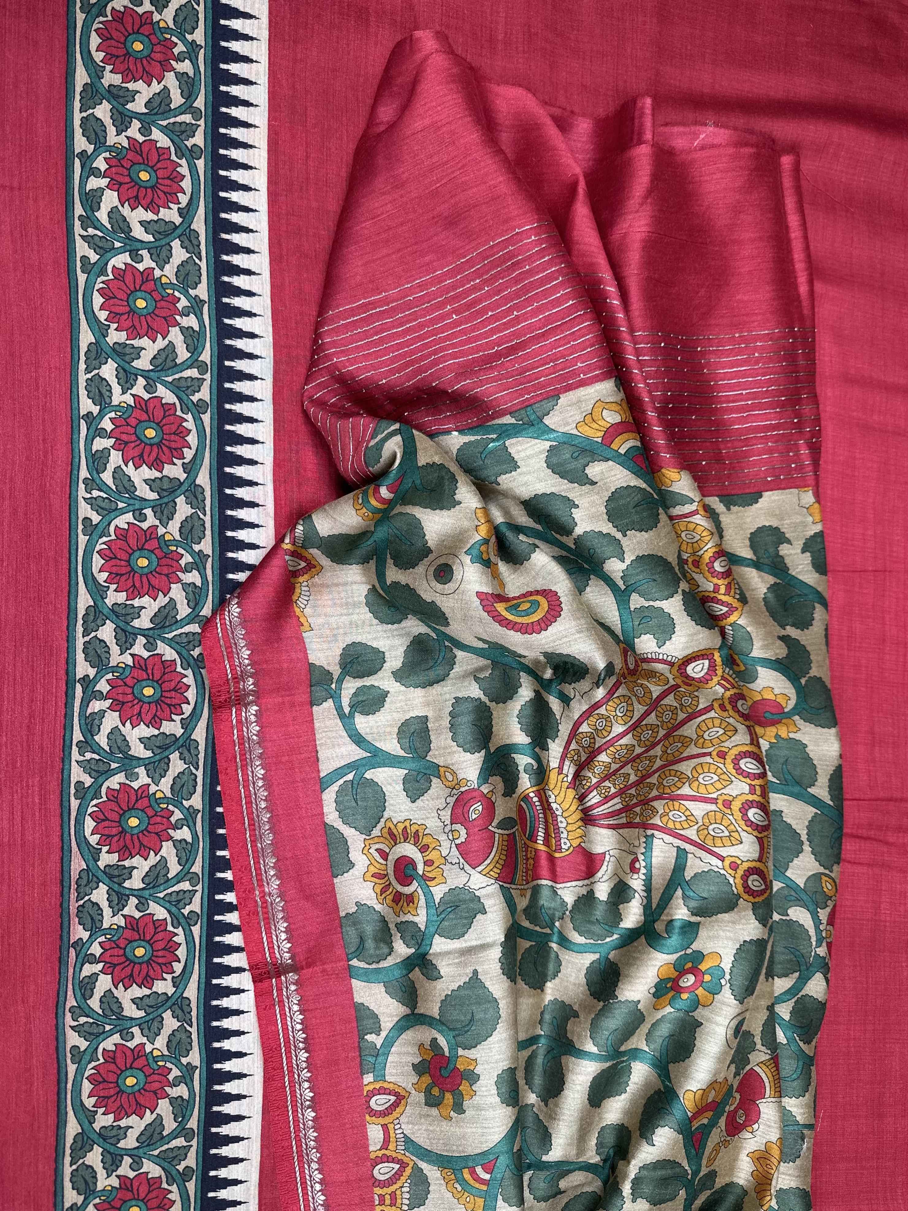 Red Tussar Silk Kalamkari Hand Block Print Unstitched Suit