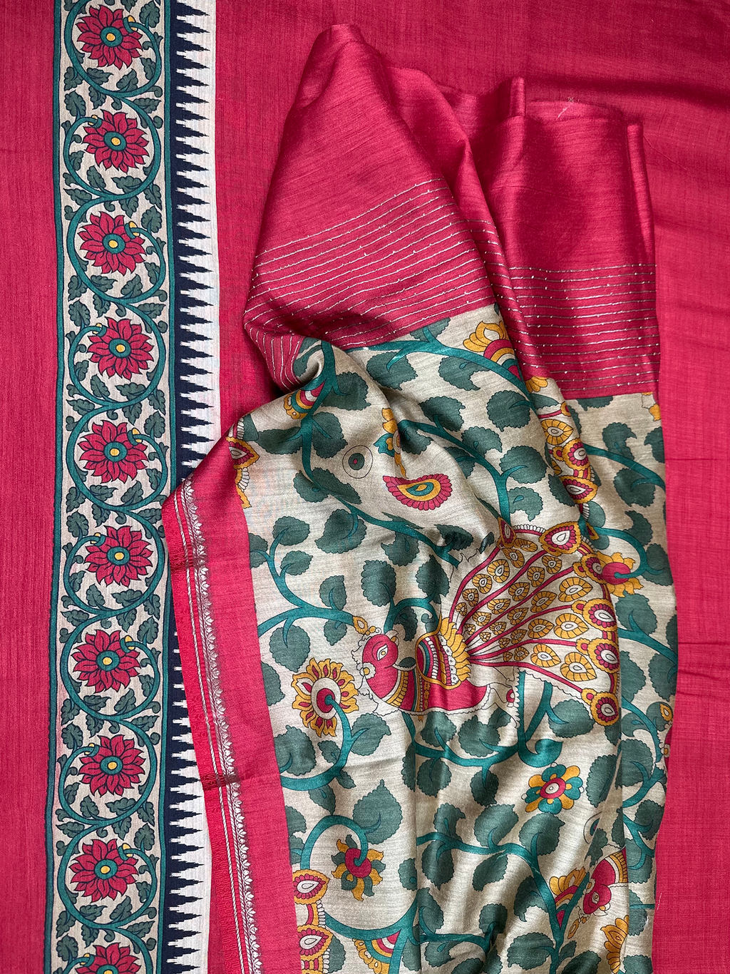Red Tussar Silk Kalamkari Hand Block Print Unstitched Suit