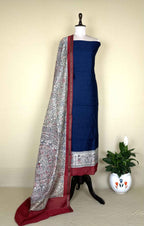 Navy Blue Tussar Silk Madhubani Hand Block Print Unstitched Suit