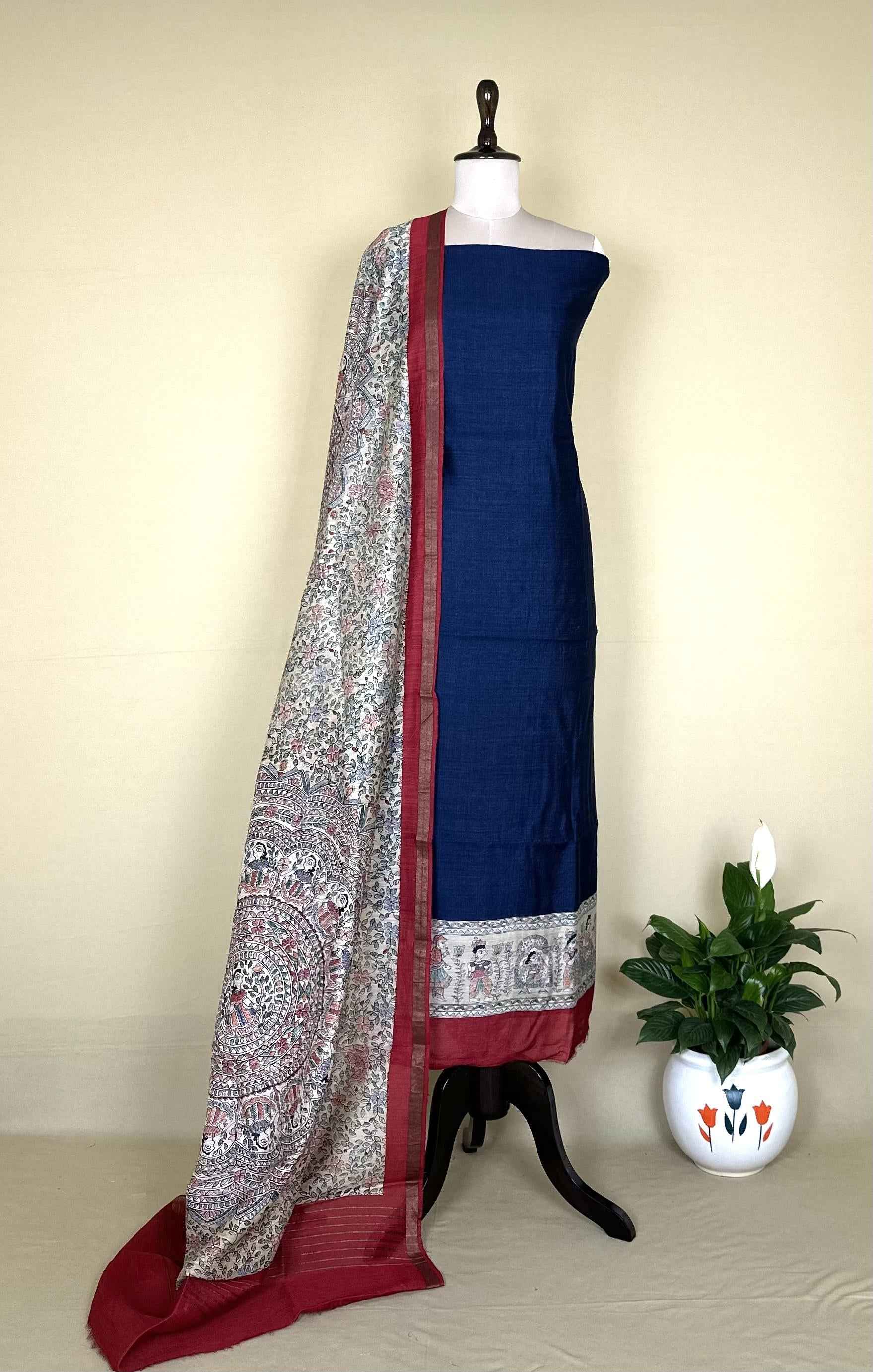 Navy Blue Tussar Silk Madhubani Hand Block Print Unstitched Suit