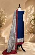 Navy Blue Tussar Silk Madhubani Hand Block Print Unstitched Suit