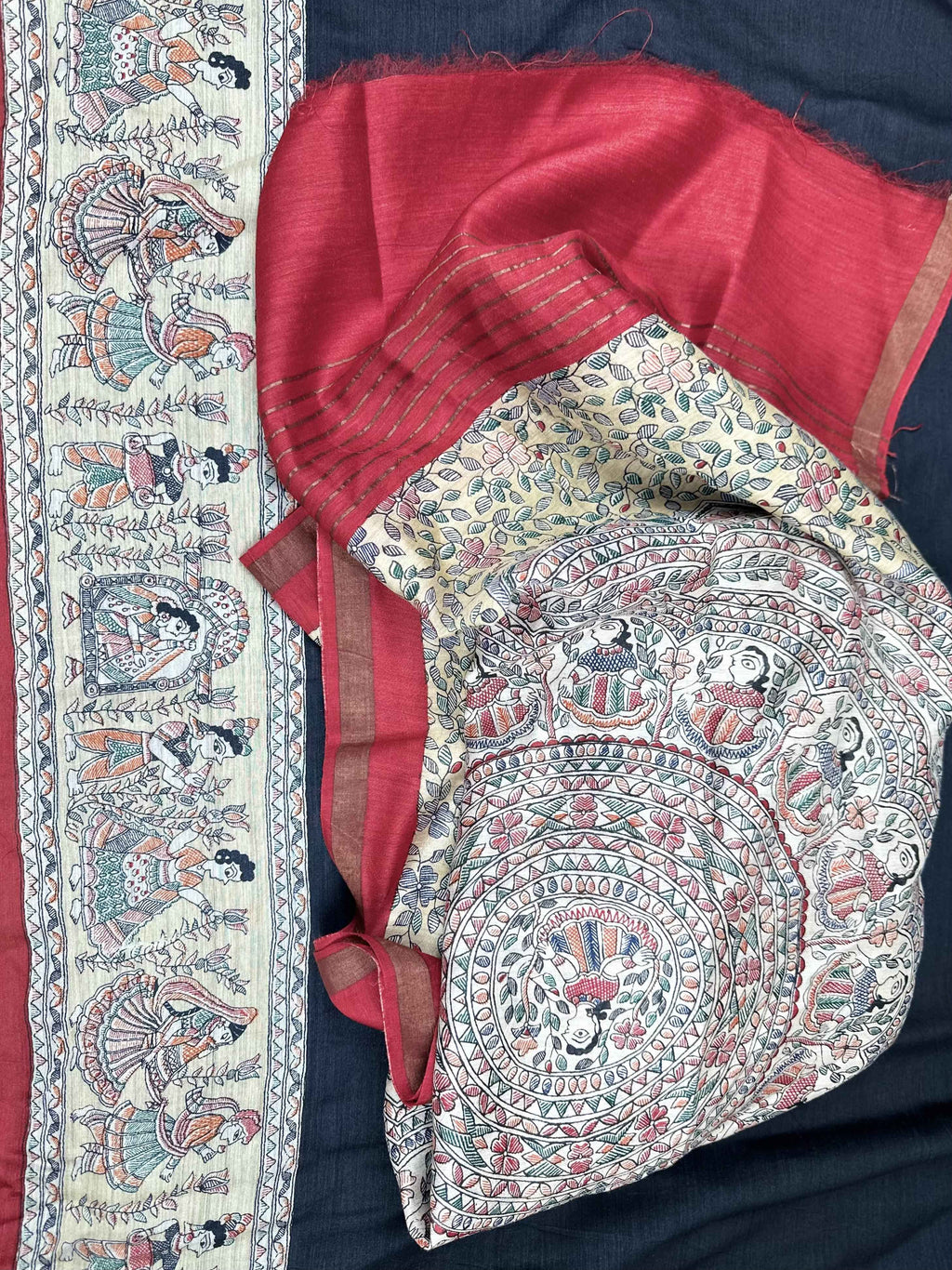 Navy Blue Tussar Silk Madhubani Hand Block Print Unstitched Suit