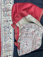 Navy Blue Tussar Silk Madhubani Hand Block Print Unstitched Suit