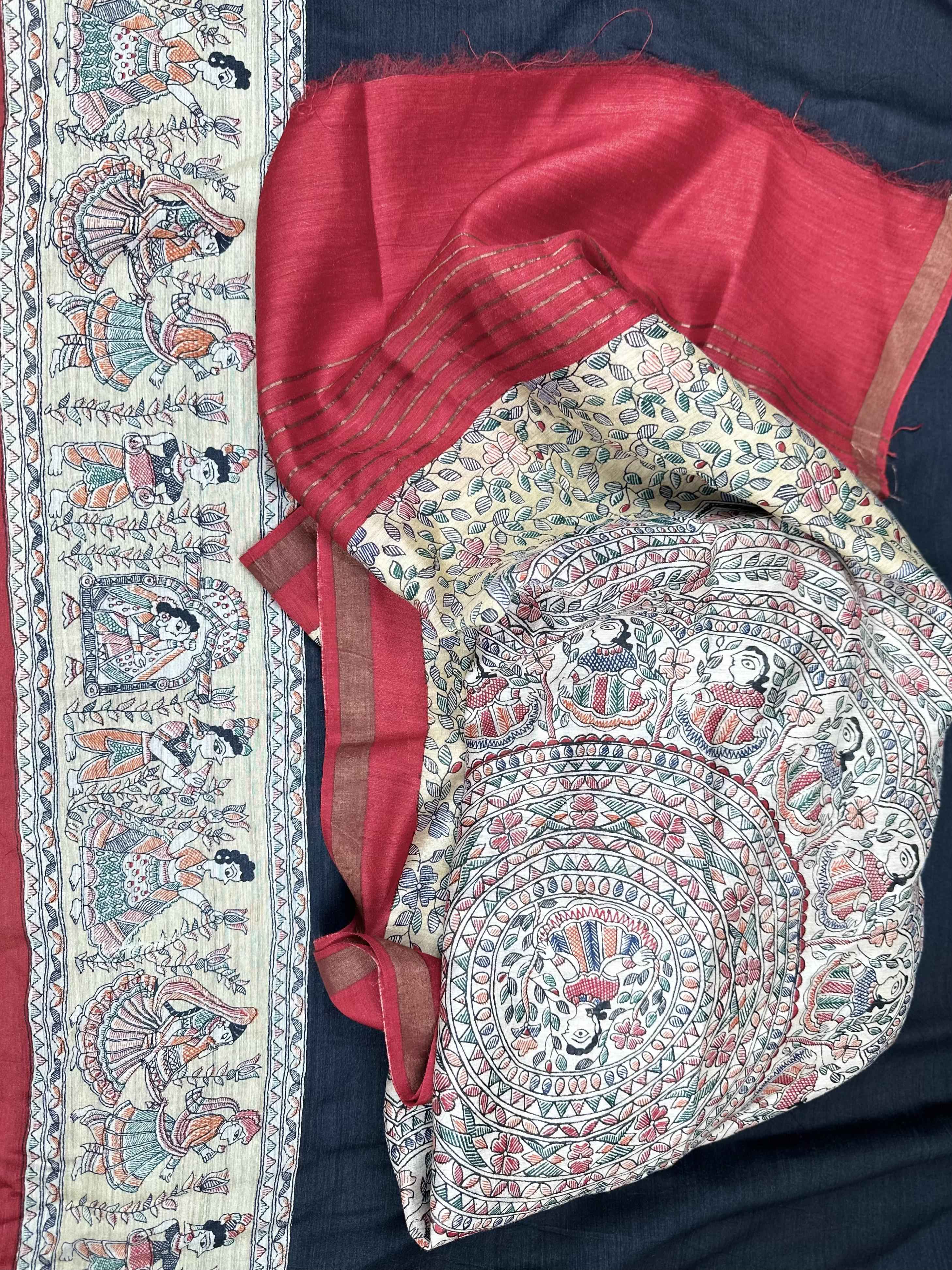 Navy Blue Tussar Silk Madhubani Hand Block Print Unstitched Suit