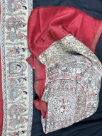 Navy Blue Tussar Silk Madhubani Hand Block Print Unstitched Suit