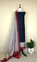 Black Tussar Silk Madhubani Hand Block Print Unstitched Suit