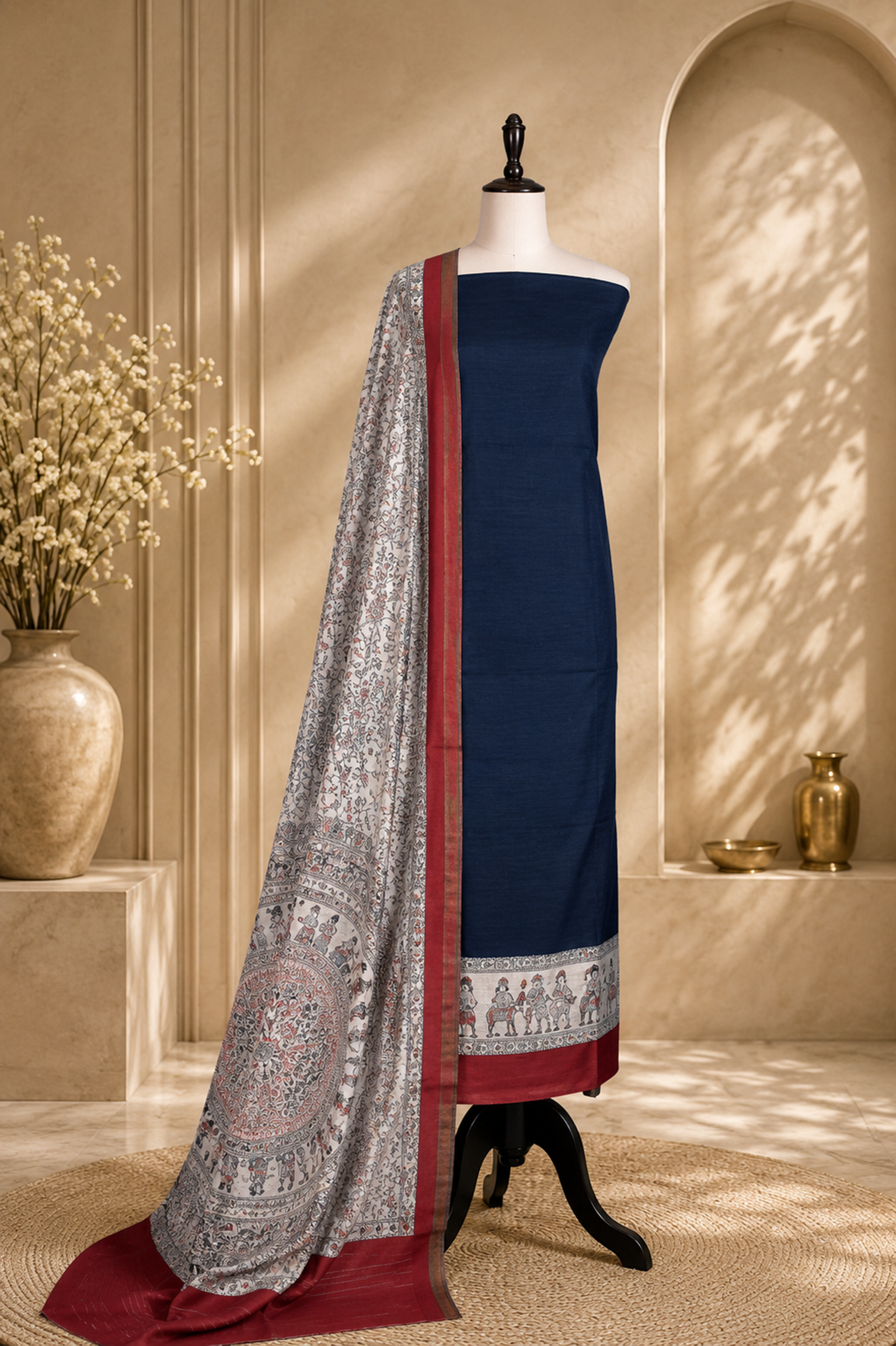 Black Tussar Silk Madhubani Hand Block Print Unstitched Suit