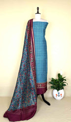Turquoise Blue Tussar Silk Bandhni with Kalamkari Hand Block Print Unstitched Suit