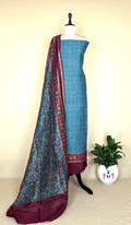 Turquoise Blue Tussar Silk Bandhni with Kalamkari Hand Block Print Unstitched Suit