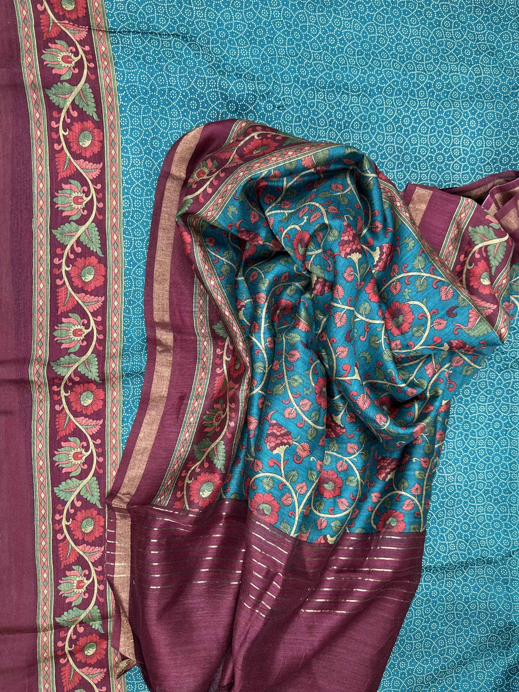 Turquoise Blue Tussar Silk Bandhni with Kalamkari Hand Block Print Unstitched Suit