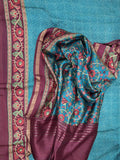 Turquoise Blue Tussar Silk Bandhni with Kalamkari Hand Block Print Unstitched Suit