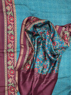 Turquoise Blue Tussar Silk Bandhni with Kalamkari Hand Block Print Unstitched Suit
