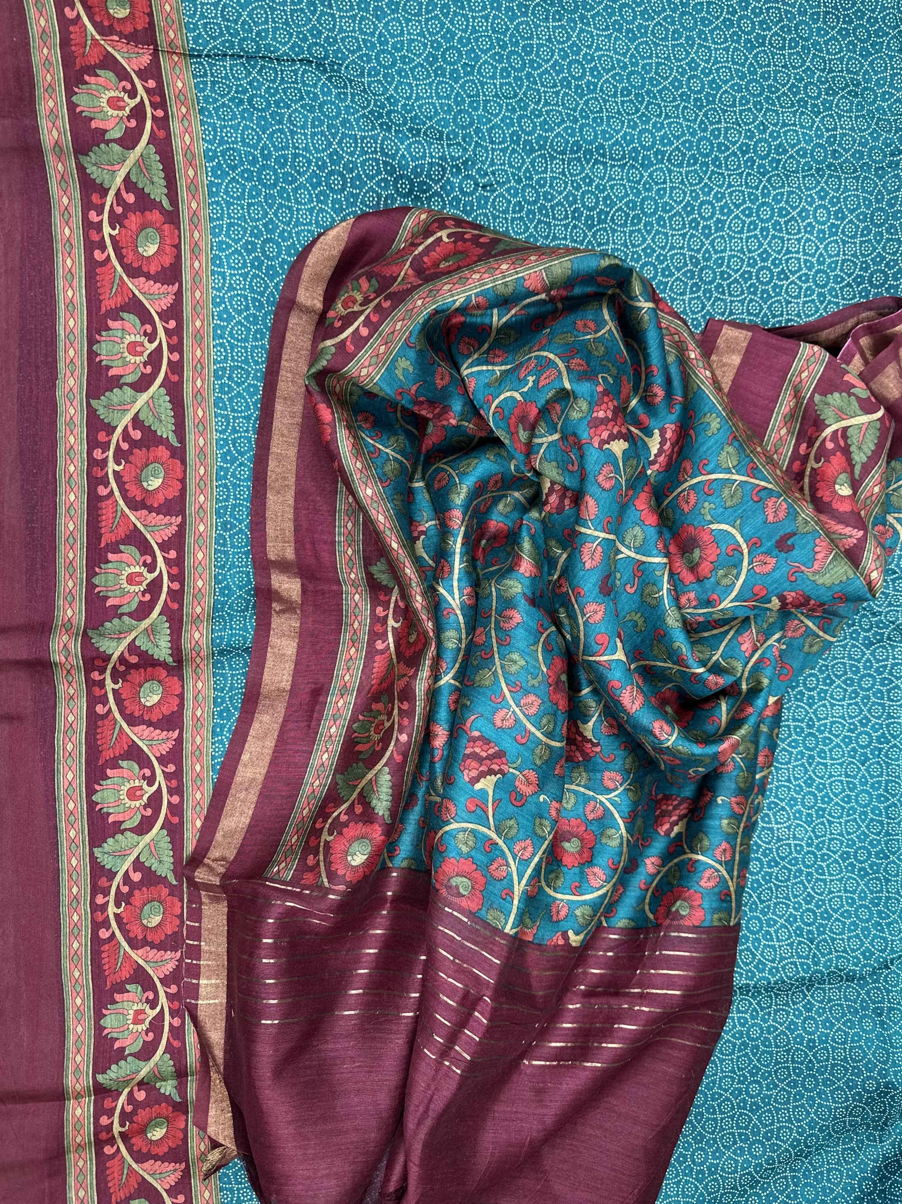 Turquoise Blue Tussar Silk Bandhni with Kalamkari Hand Block Print Unstitched Suit
