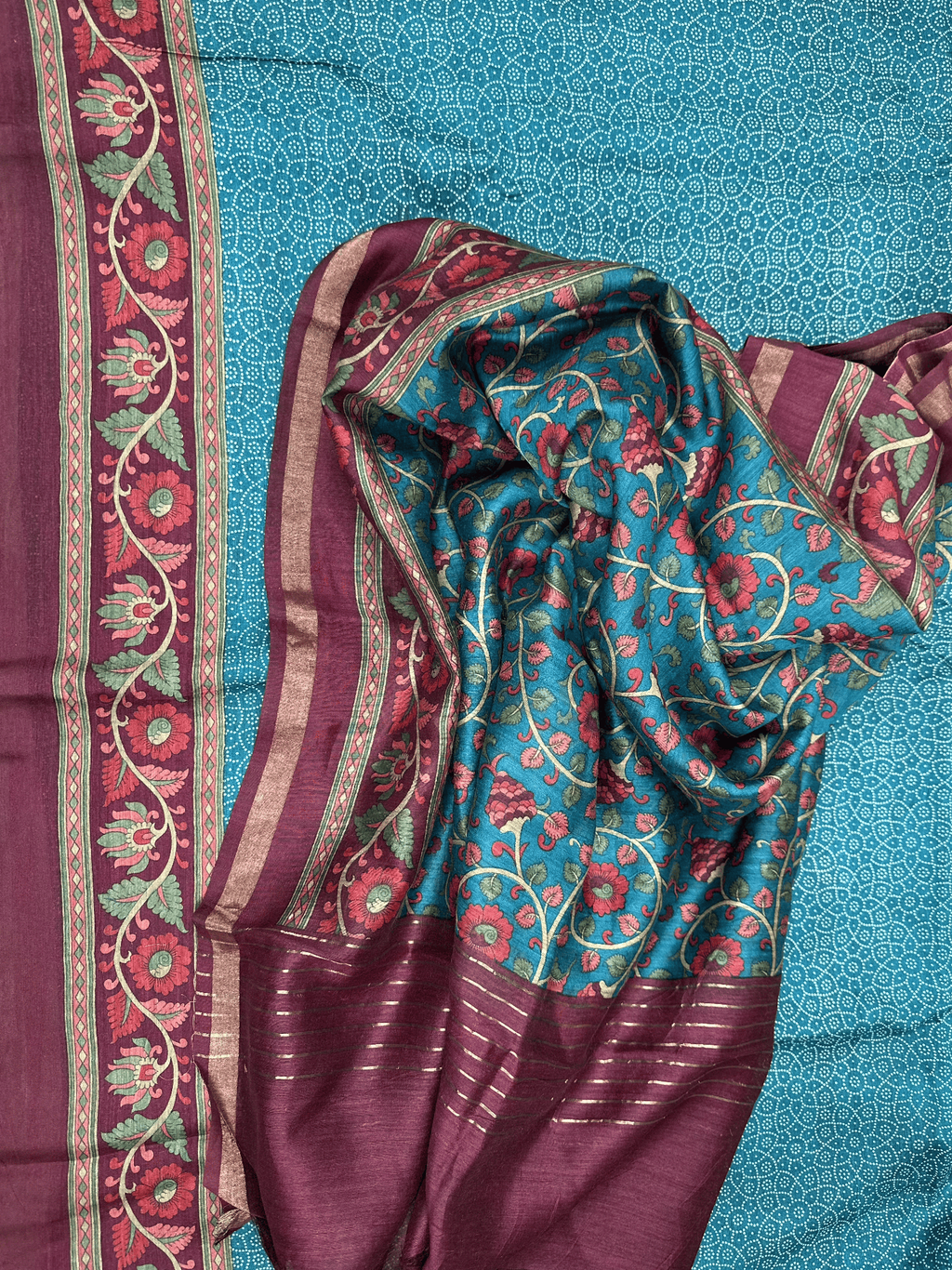 Turquoise Blue Tussar Silk Bandhni with Kalamkari Hand Block Print Unstitched Suit