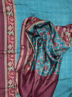 Turquoise Blue Tussar Silk Bandhni with Kalamkari Hand Block Print Unstitched Suit