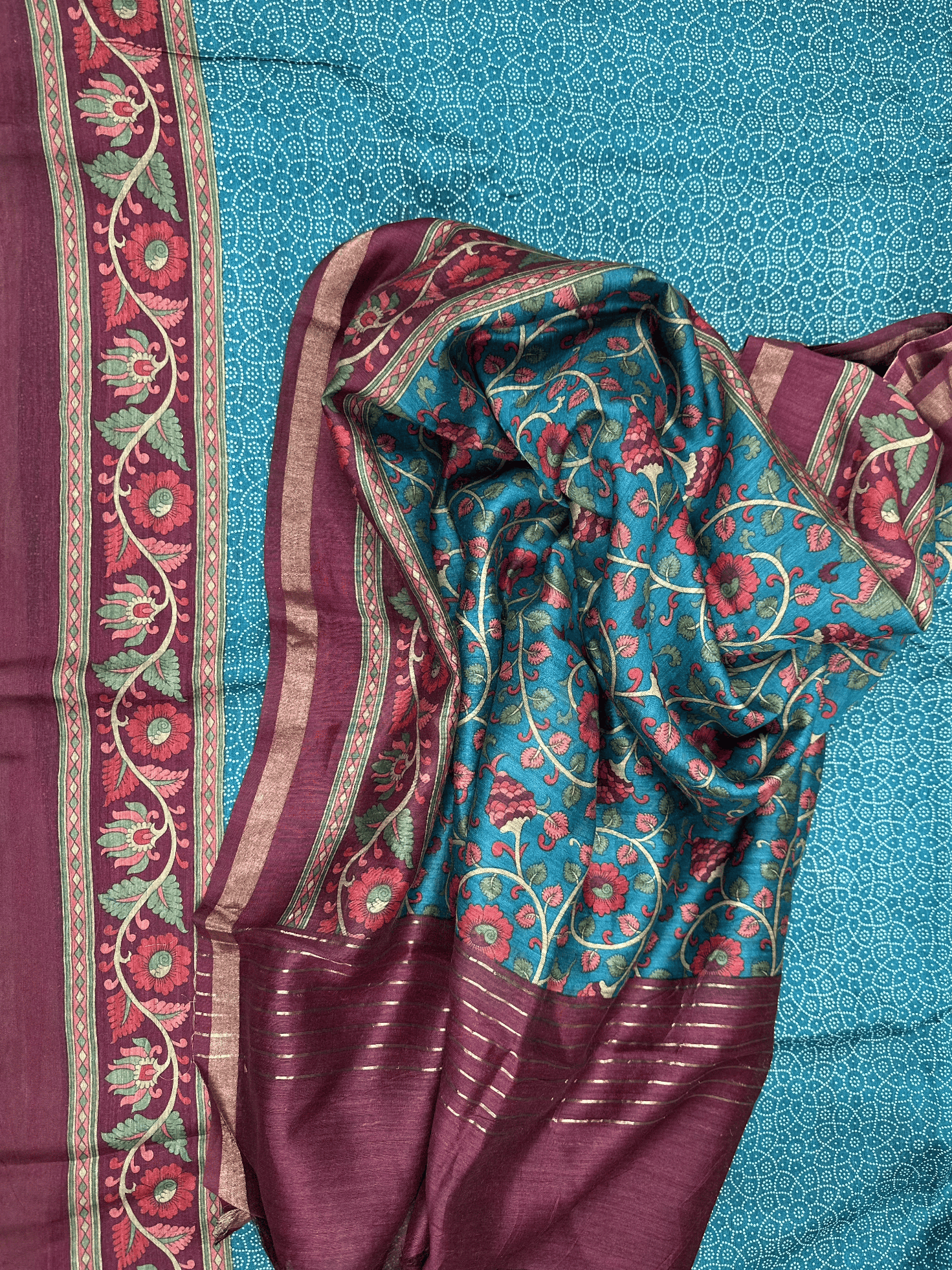 Turquoise Blue Tussar Silk Bandhni with Kalamkari Hand Block Print Unstitched Suit