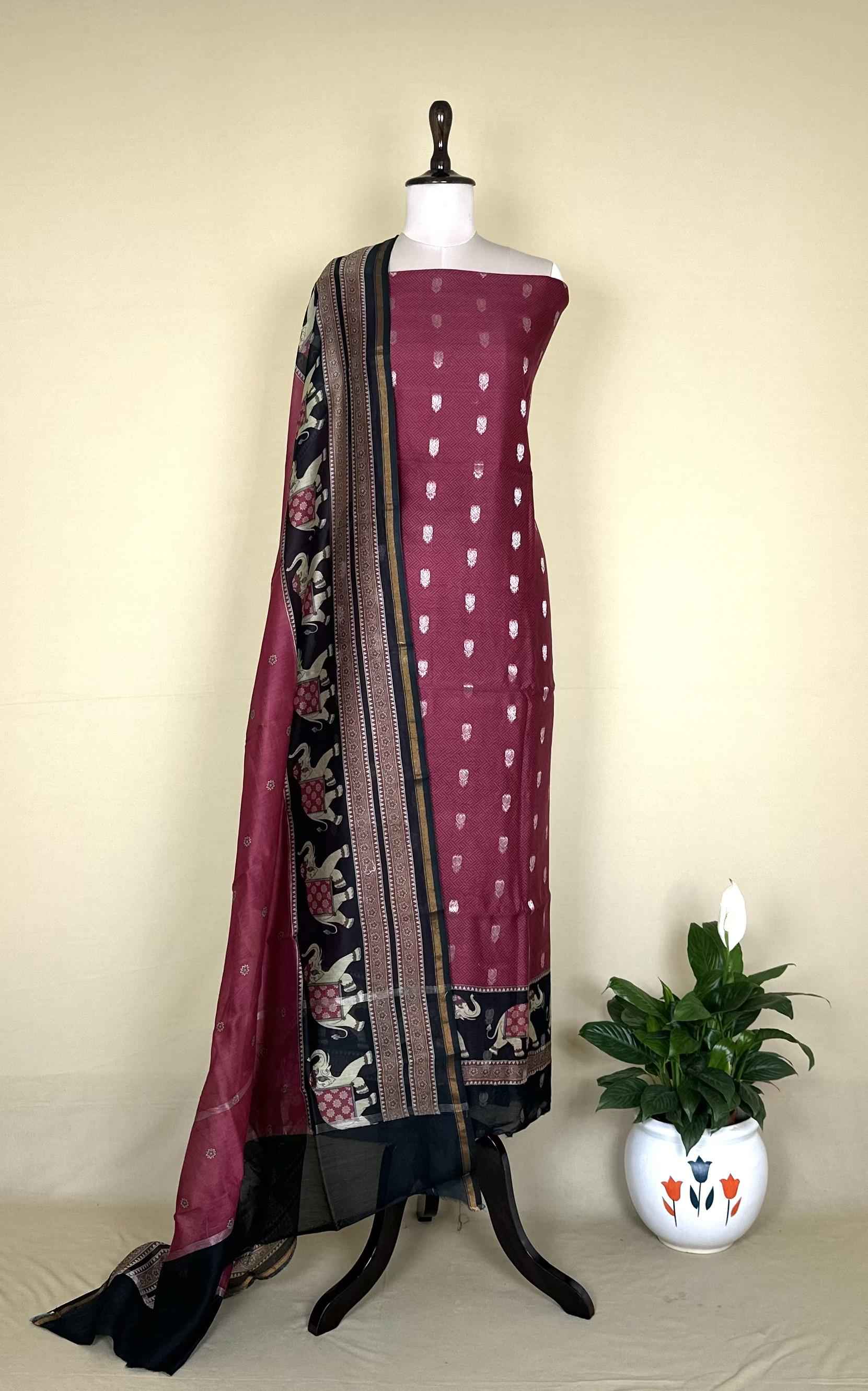 Maroon and Black Zari Boti Maheshwari Silk With Elephant Motif Kalamkari Border Unstitched Suit