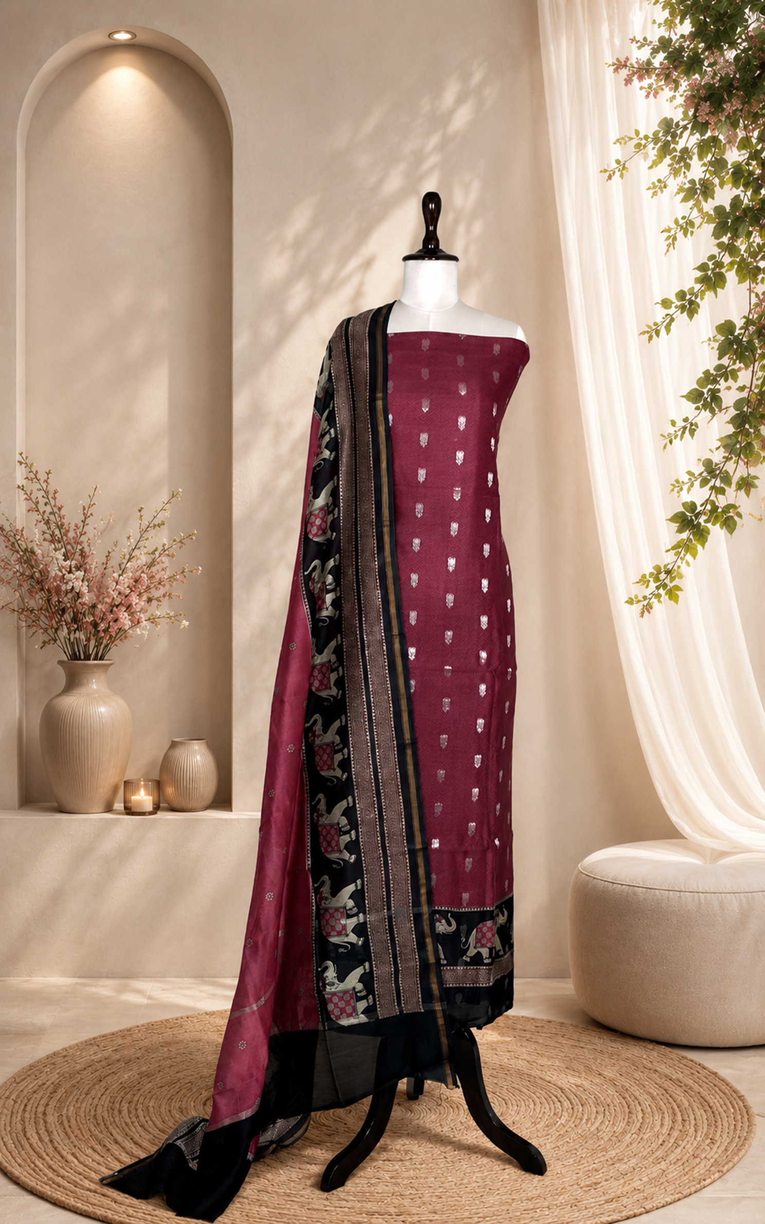 Maroon and Black Zari Boti Maheshwari Silk With Elephant Motif Kalamkari Border Unstitched Suit