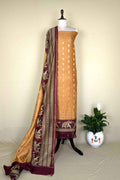 Yellow and Maroon Zari Boti Maheshwari Silk With Elephant Motif Kalamkari Border Unstitched Suit