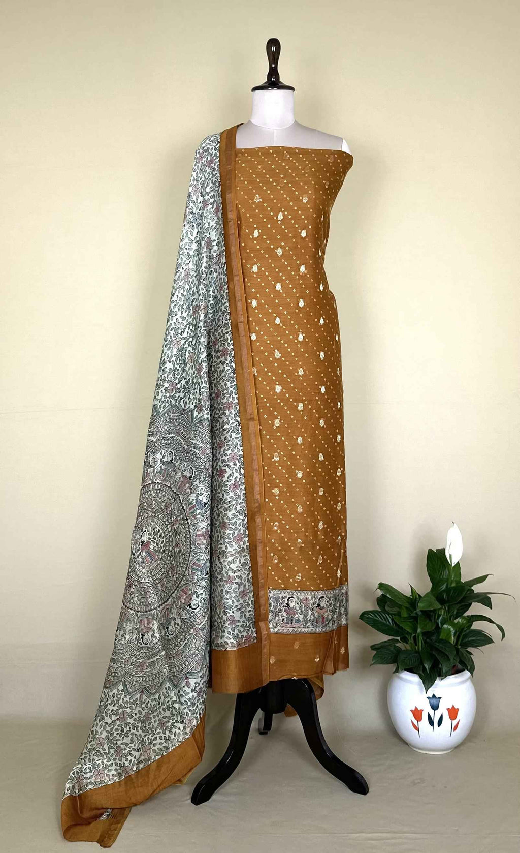 Mustard Bandhani Print with Zari buti Maheshwari Silk Madhubani Print Border Unstitched Suit