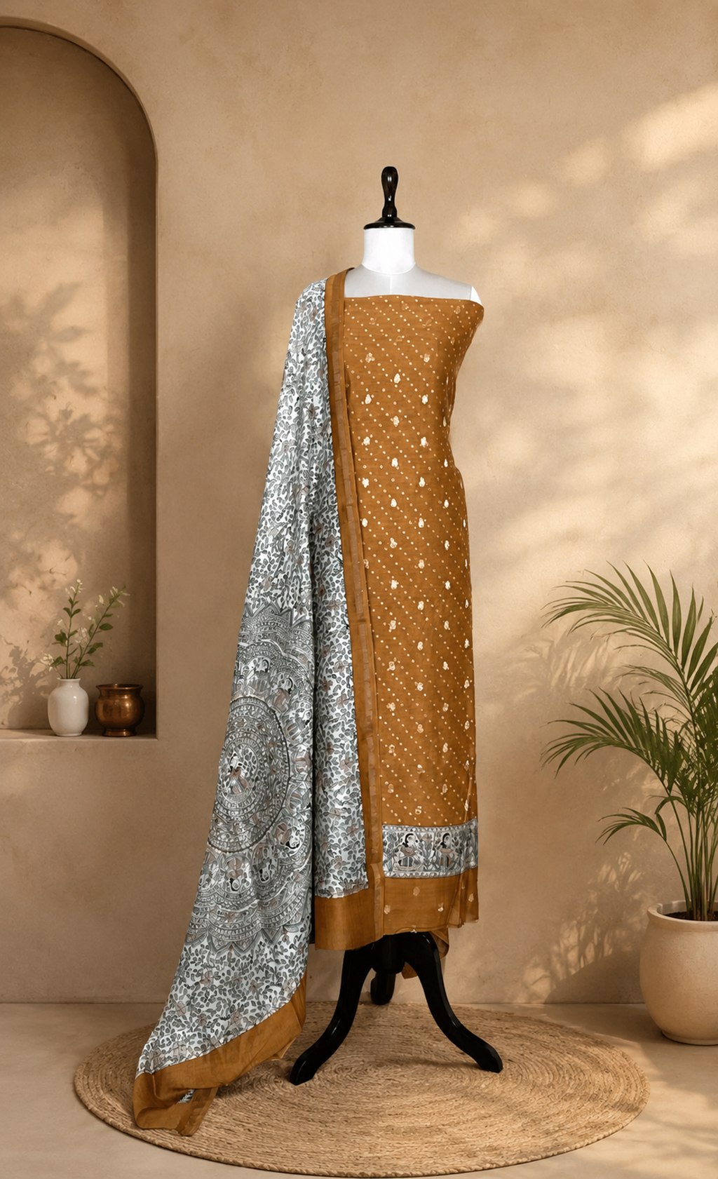 Mustard Bandhani Print with Zari buti Maheshwari Silk Madhubani Print Border Unstitched Suit