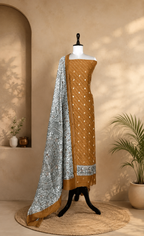 Mustard Bandhani Print with Zari buti Maheshwari Silk Madhubani Print Border Unstitched Suit