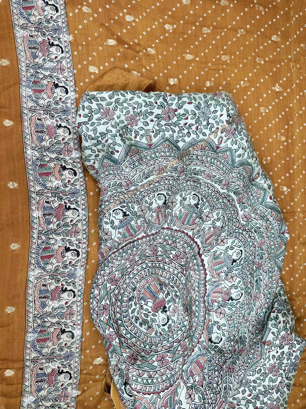 Mustard Bandhani Print with Zari buti Maheshwari Silk Madhubani Print Border Unstitched Suit