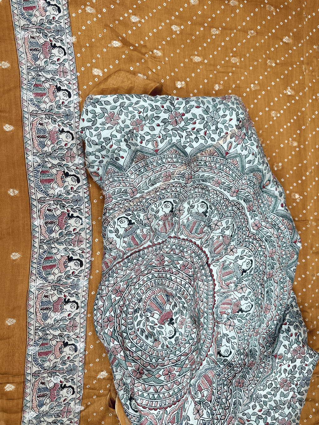 Mustard Bandhani Print with Zari buti Maheshwari Silk Madhubani Print Border Unstitched Suit