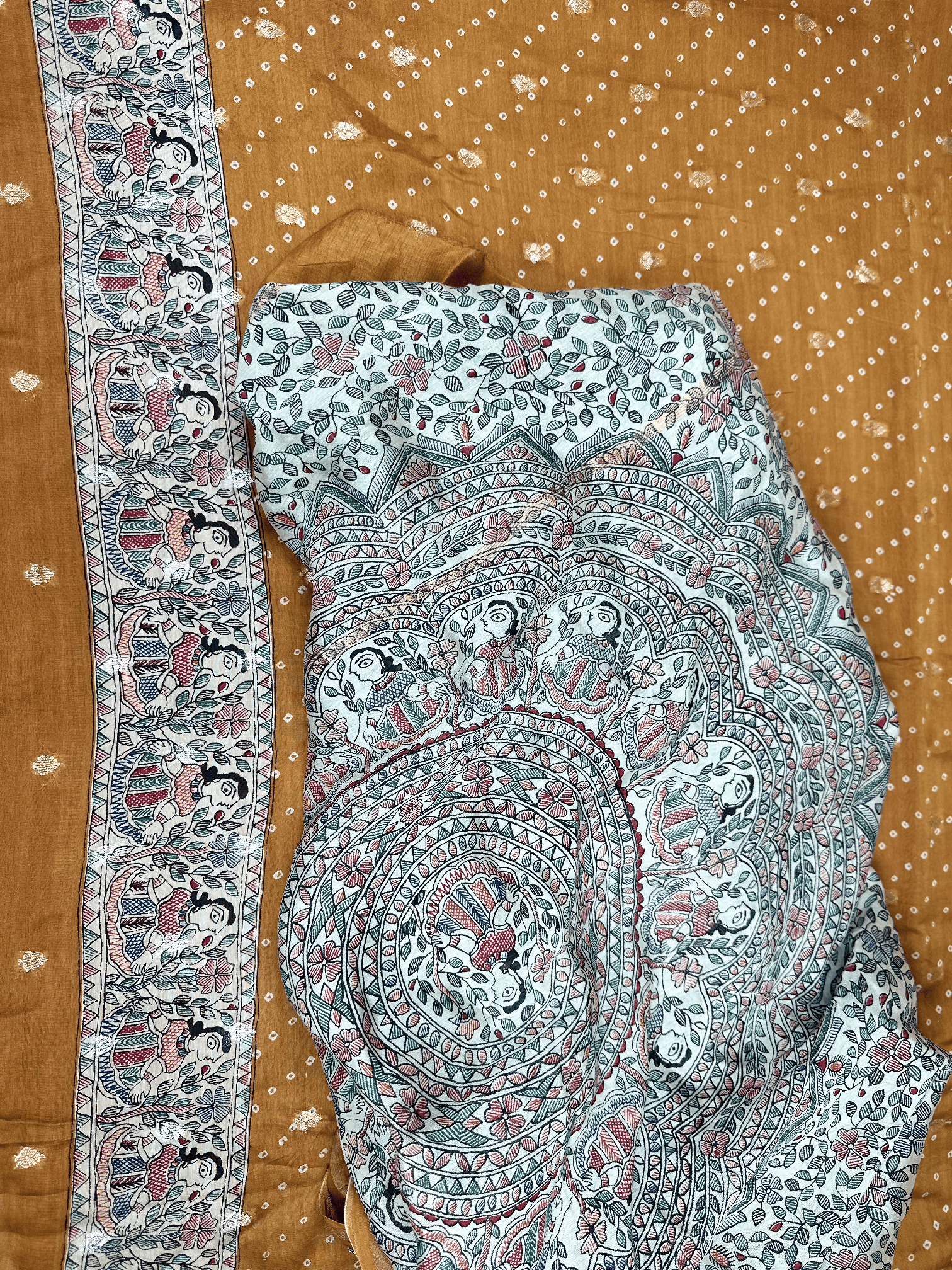 Mustard Bandhani Print with Zari buti Maheshwari Silk Madhubani Print Border Unstitched Suit