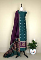 Bottle Green and Wine Zari Buti Maheshwari Silk with Pattachitra Style Print Border Unstitched Suit