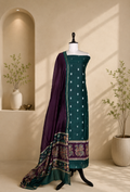 Bottle Green and Wine Zari Buti Maheshwari Silk with Pattachitra Style Print Border Unstitched Suit