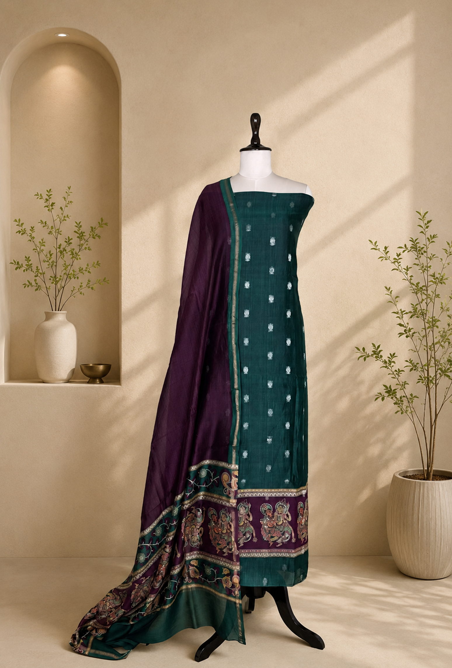 Bottle Green and Wine Zari Buti Maheshwari Silk with Pattachitra Style Print Border Unstitched Suit
