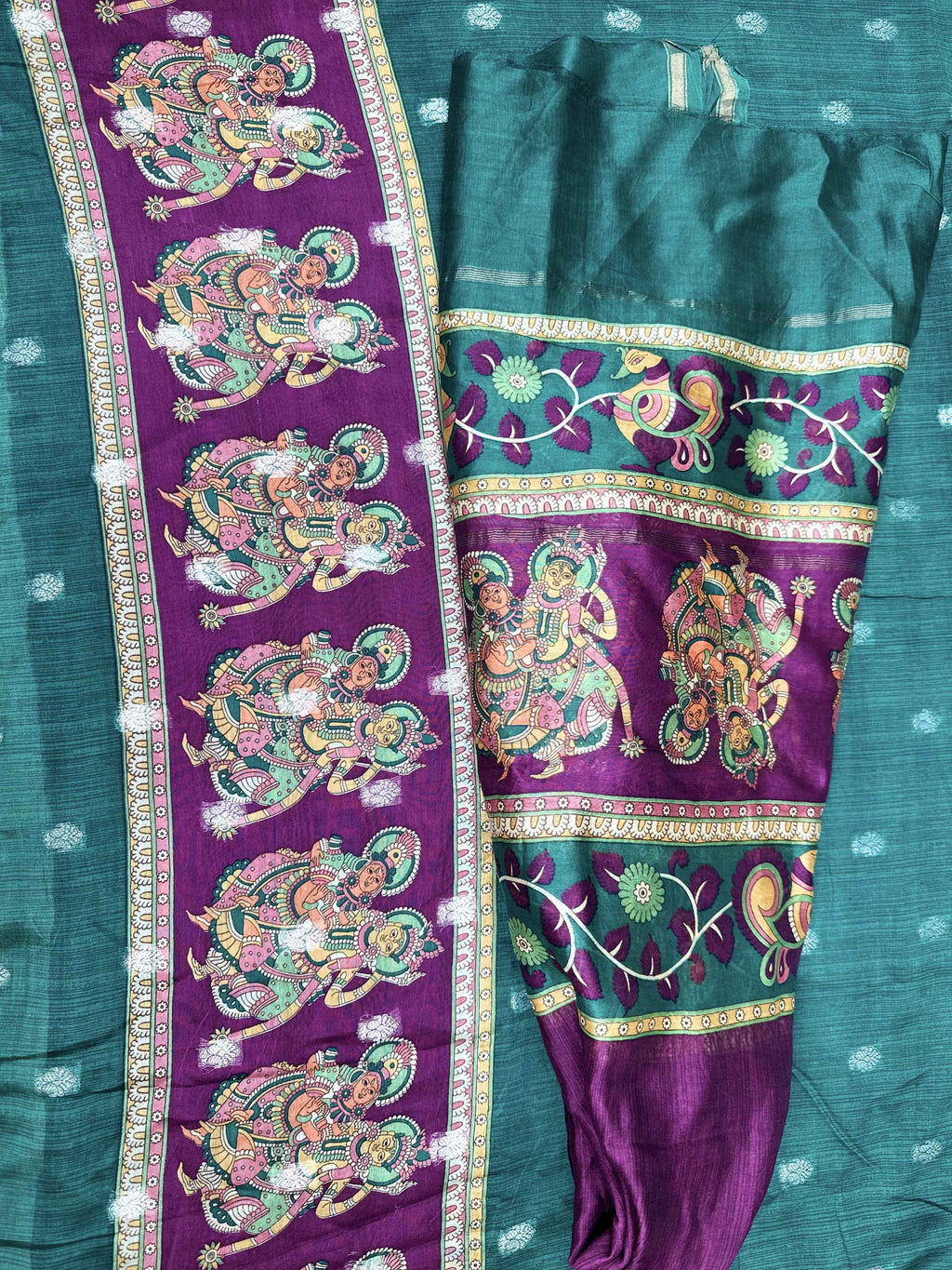 Bottle Green and Wine Zari Buti Maheshwari Silk with Pattachitra Style Print Border Unstitched Suit