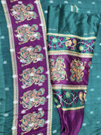 Bottle Green and Wine Zari Buti Maheshwari Silk with Pattachitra Style Print Border Unstitched Suit