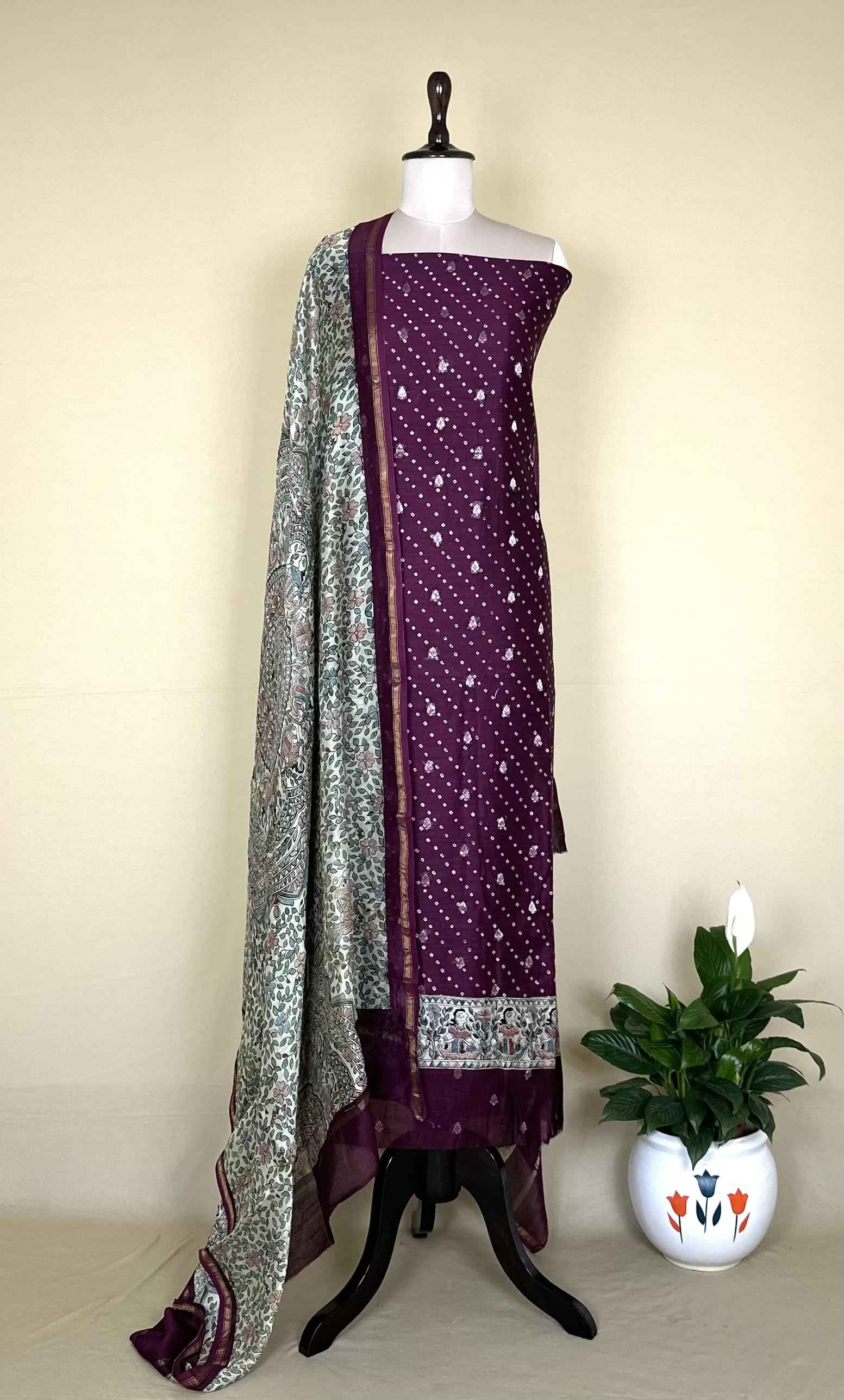 Wine Bandhani Print with Zari buti Maheshwari Silk Madhubani Print Border Unstitched Suit