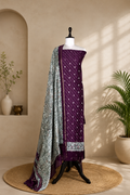 Wine Bandhani Print with Zari buti Maheshwari Silk Madhubani Print Border Unstitched Suit