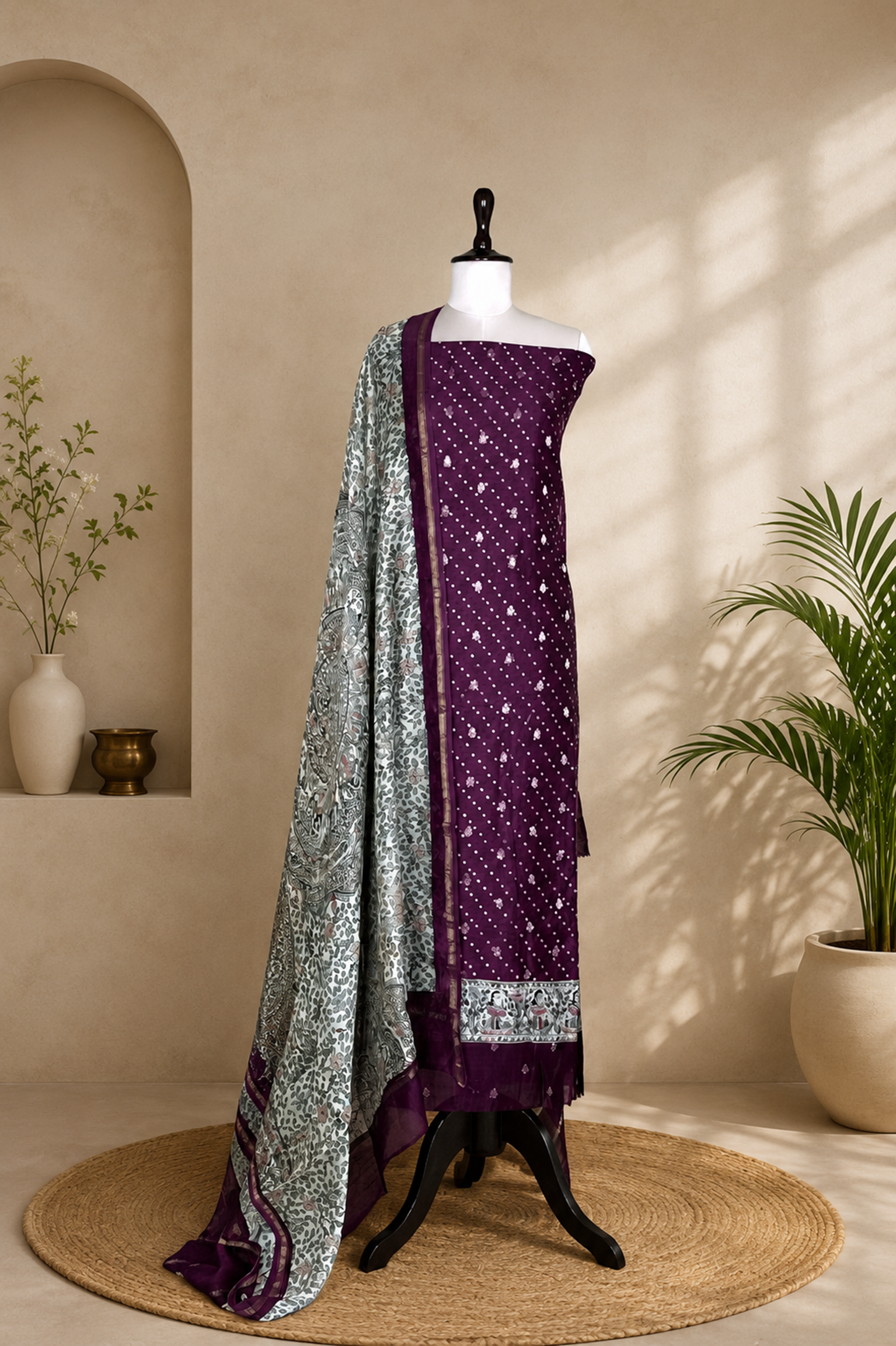 Wine Bandhani Print with Zari buti Maheshwari Silk Madhubani Print Border Unstitched Suit