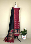 Maroon and Black Zari Buti Maheshwari Silk with Pattachitra Style Print Border Unstitched Suit