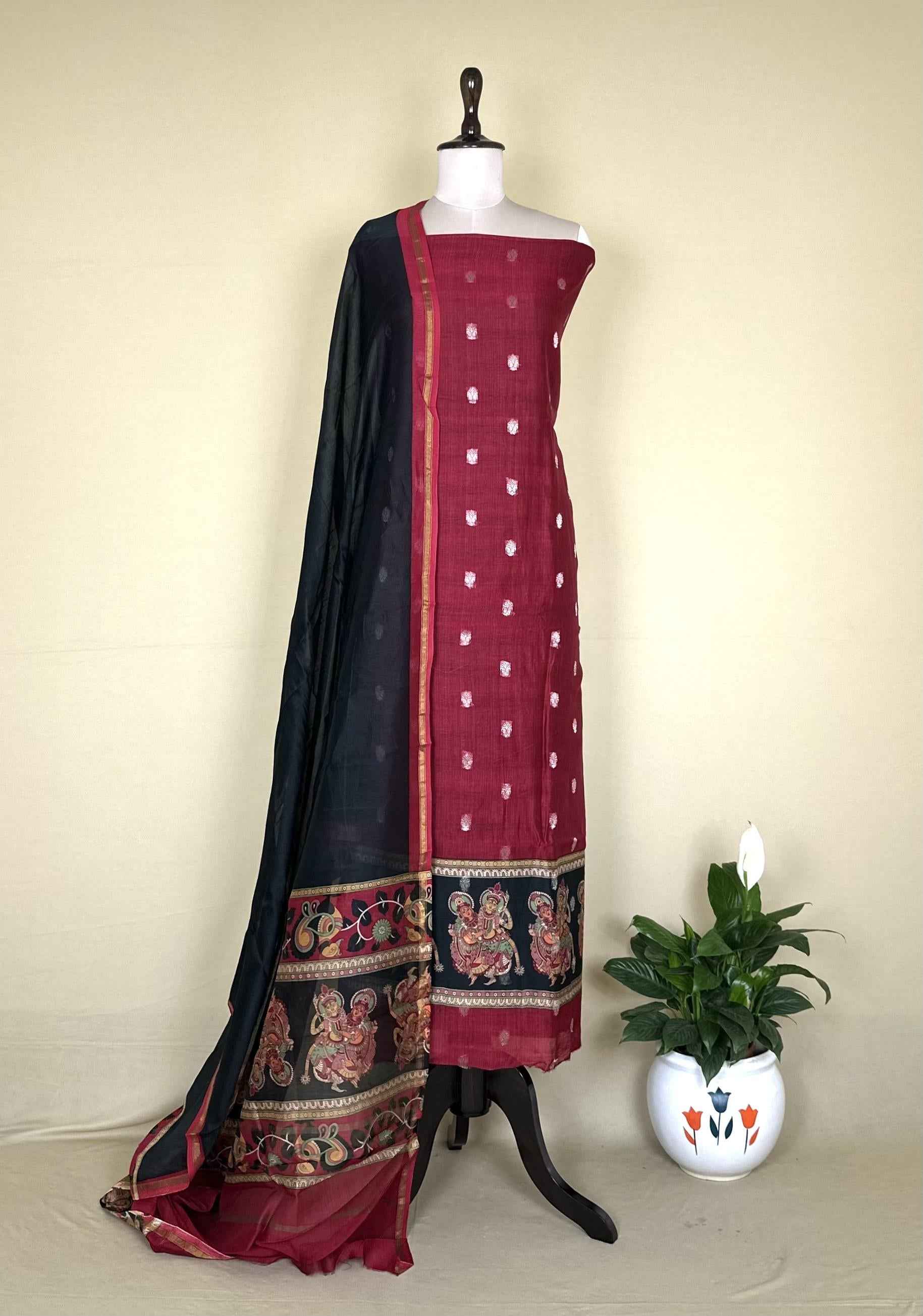 Maroon and Black Zari Buti Maheshwari Silk with Pattachitra Style Print Border Unstitched Suit