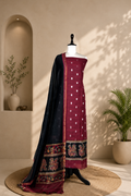 Maroon and Black Zari Buti Maheshwari Silk with Pattachitra Style Print Border Unstitched Suit