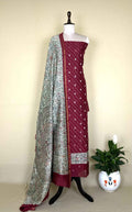 Maroon Bandhani Print with Zari buti Maheshwari Silk Madhubani Print Border Unstitched Suit